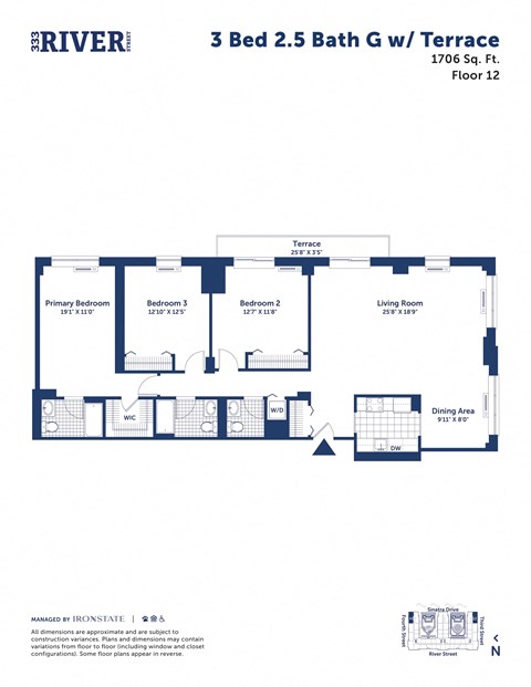 Floor plan for 3 beds, 2.5 baths, 1706 sqft
